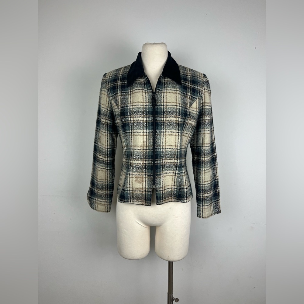Vintage Positive Attitude Plaid Blazer Jacket Velvet Collar Preppy Academia Chic